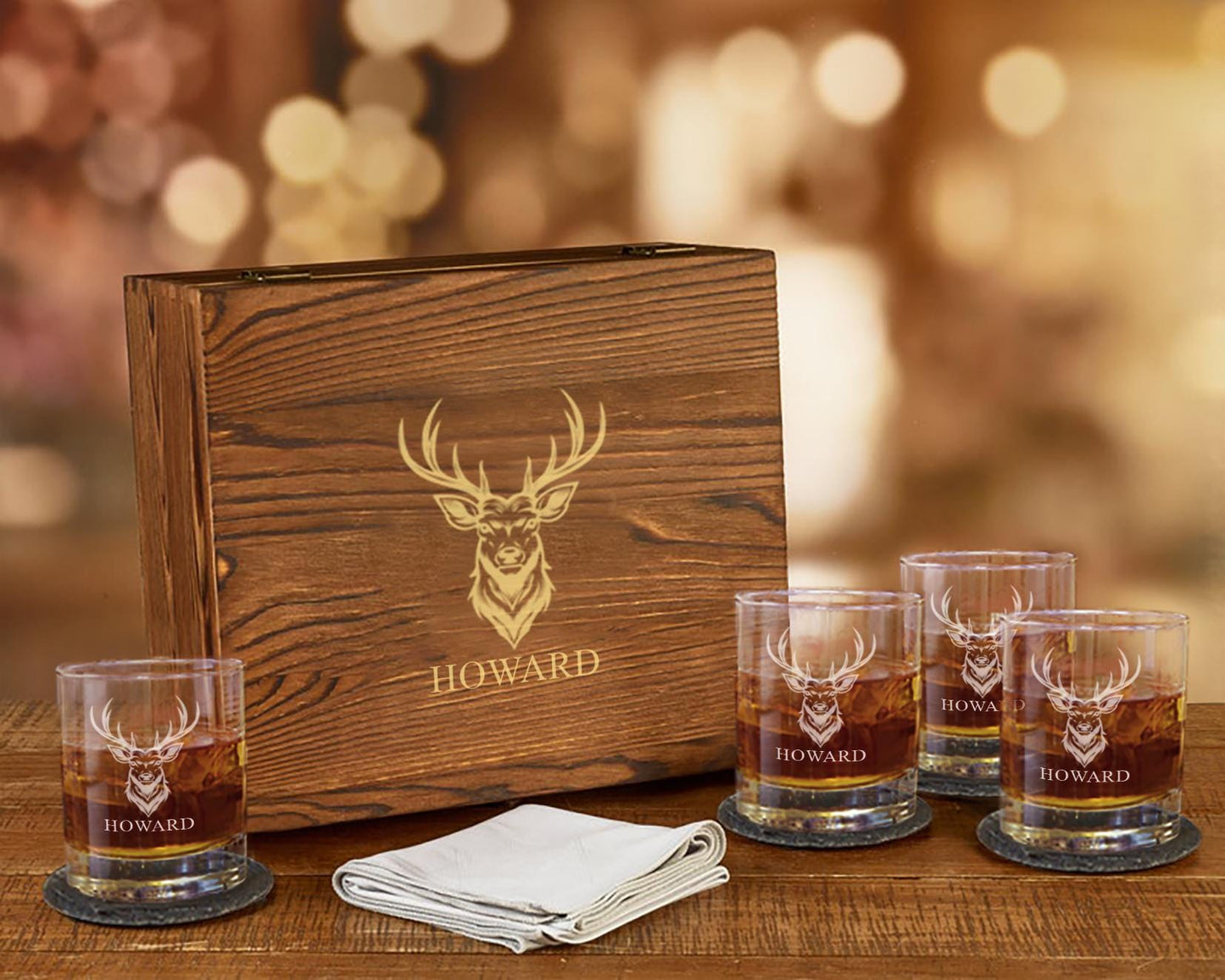 Custom Whiskey Glass Hunter Deer Wood Box Gift Set Engraved Custom Bourbon Glasses Whiskey Glasses Deer Hunter Gifts for Dad Him Boyfriend