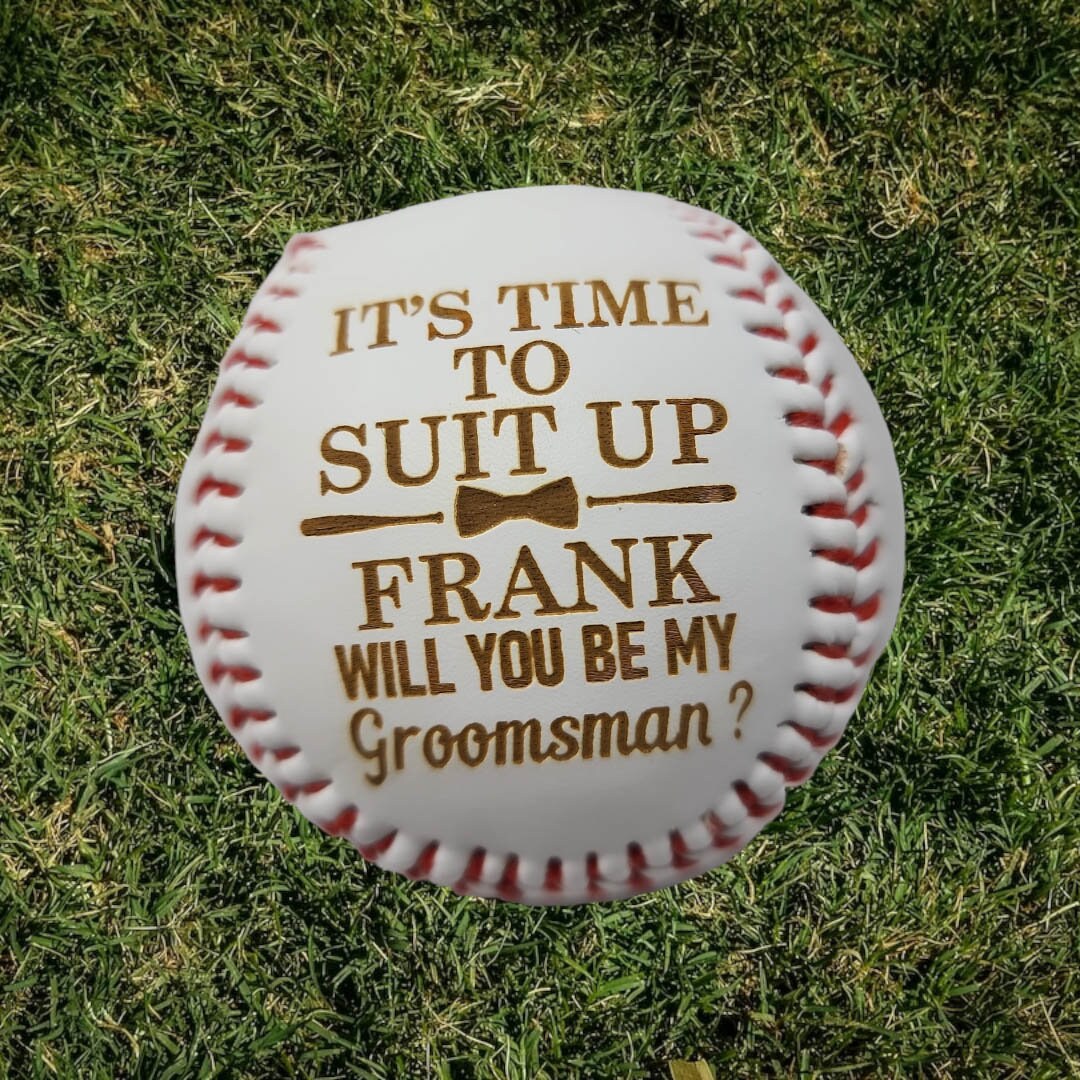 Personalized Suit Up Baseball Ring Bearer Gift Groomsmen Proposal Gift Best Man Custom Engraved Baseballs Wedding Ring Security Gift for Him