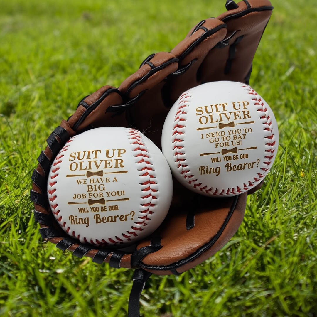 Personalized Suit Up Baseball or Bat Ring Bearer Gift Proposal Gift Custom Engraved Baseball Bat Wedding Ring Bearer Security Gift for Him