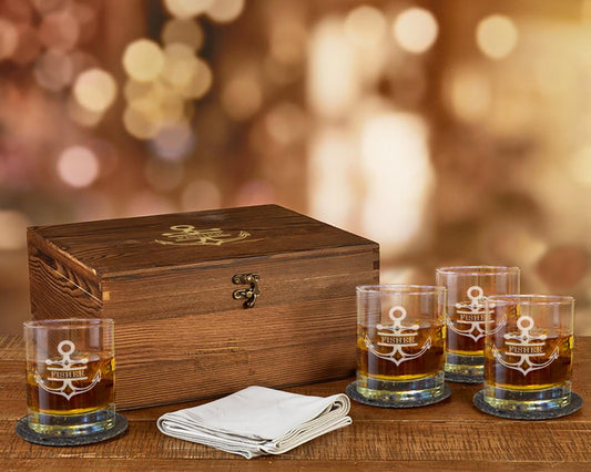 Custom Whiskey Glass Set Anchor Nautical Wood Box Gift Engraved Custom Bourbon Glasses Whiskey Glasses Fishing Gifts for Dad Him Boyfriend