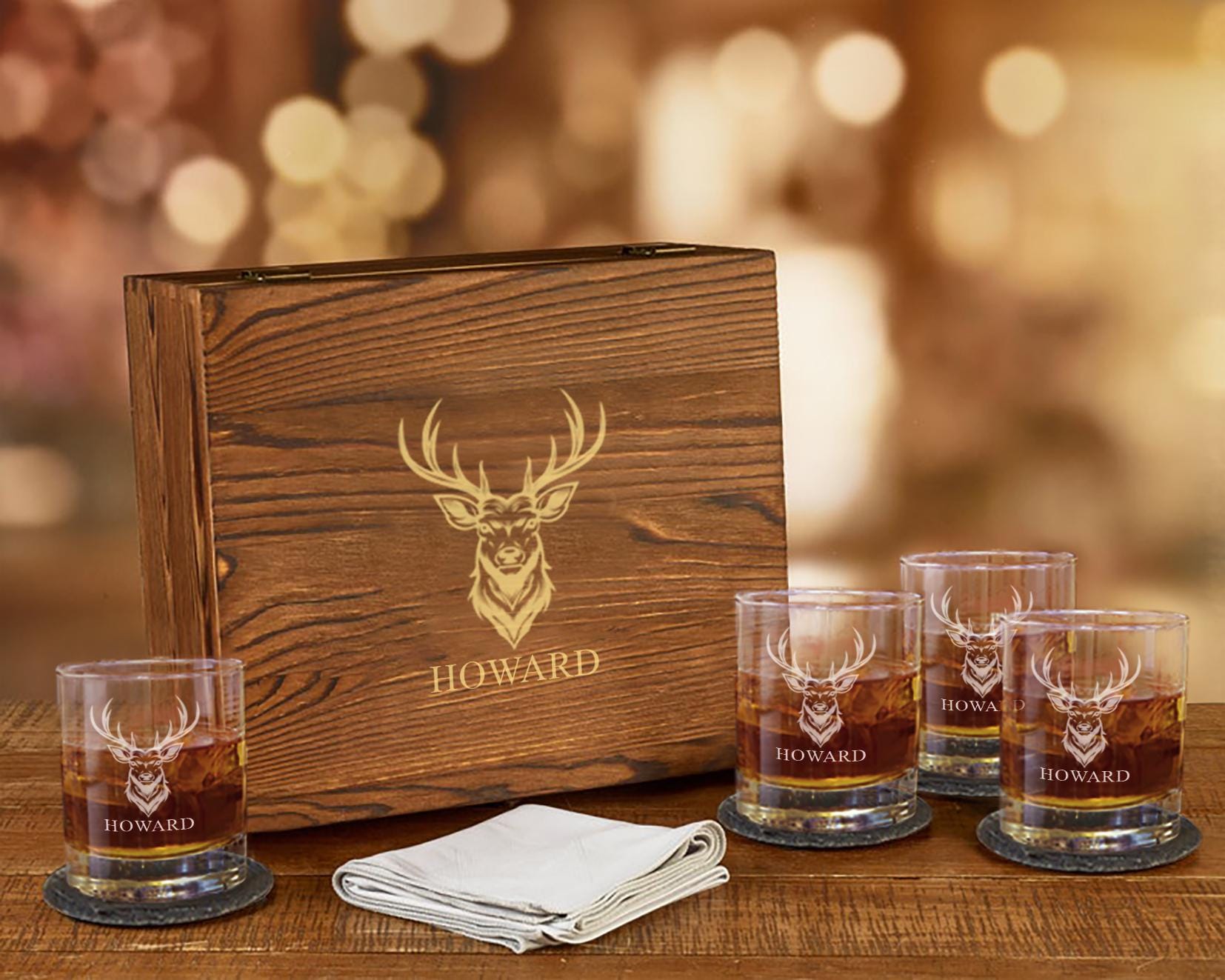 Custom Whiskey Glass Hunter Deer Wood Box Gift Set Engraved Custom Bourbon Glasses Whiskey Glasses Deer Hunter Gifts for Dad Him Boyfriend