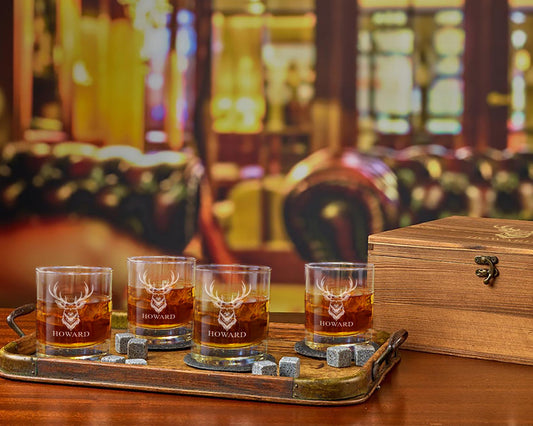 Custom Whiskey Glass Hunter Deer Wood Box Gift Set Engraved Custom Bourbon Glasses Whiskey Glasses Deer Hunter Gifts for Dad Him Boyfriend