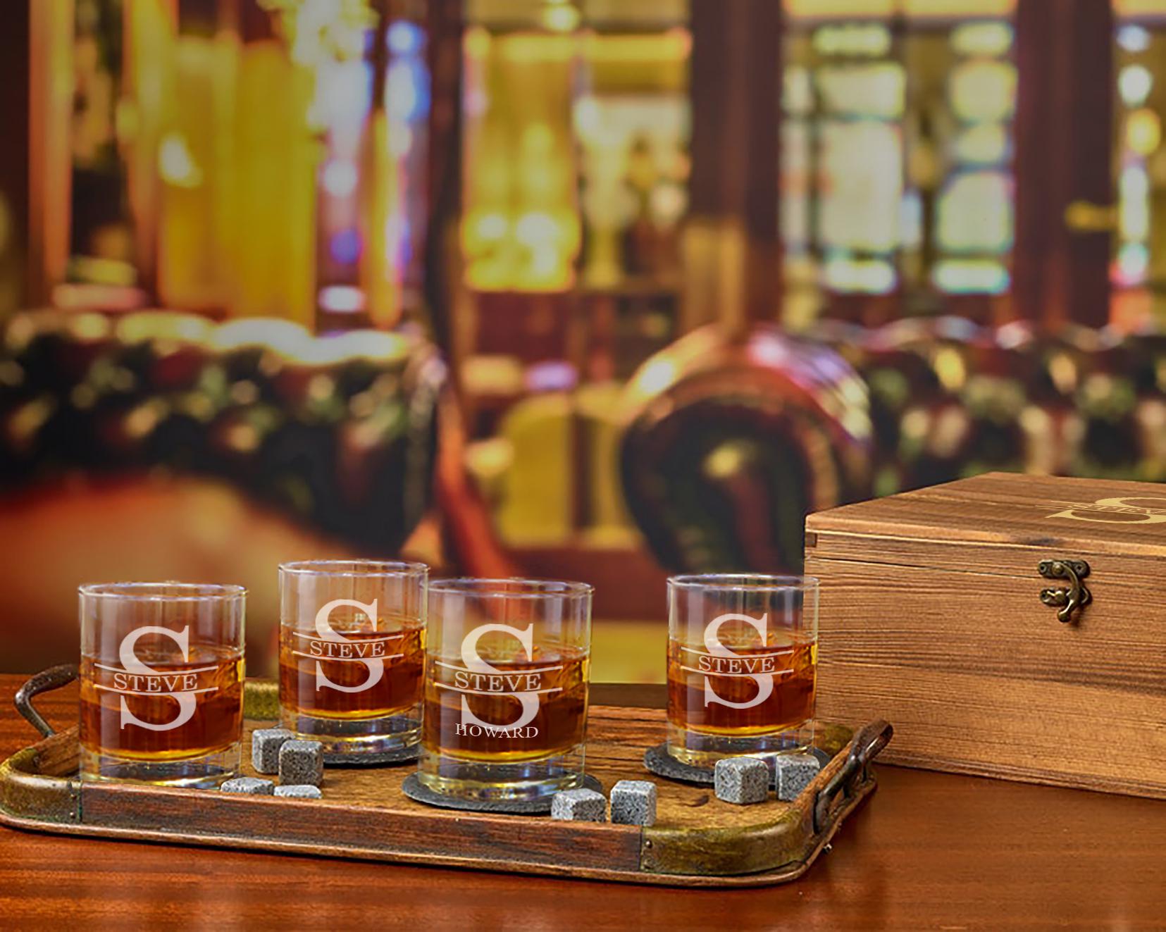 Custom Whiskey Glass Hunter Deer Wood Box Gift Set Engraved Custom Bourbon Glasses Whiskey Glasses Deer Hunter Gifts for Dad Him Boyfriend